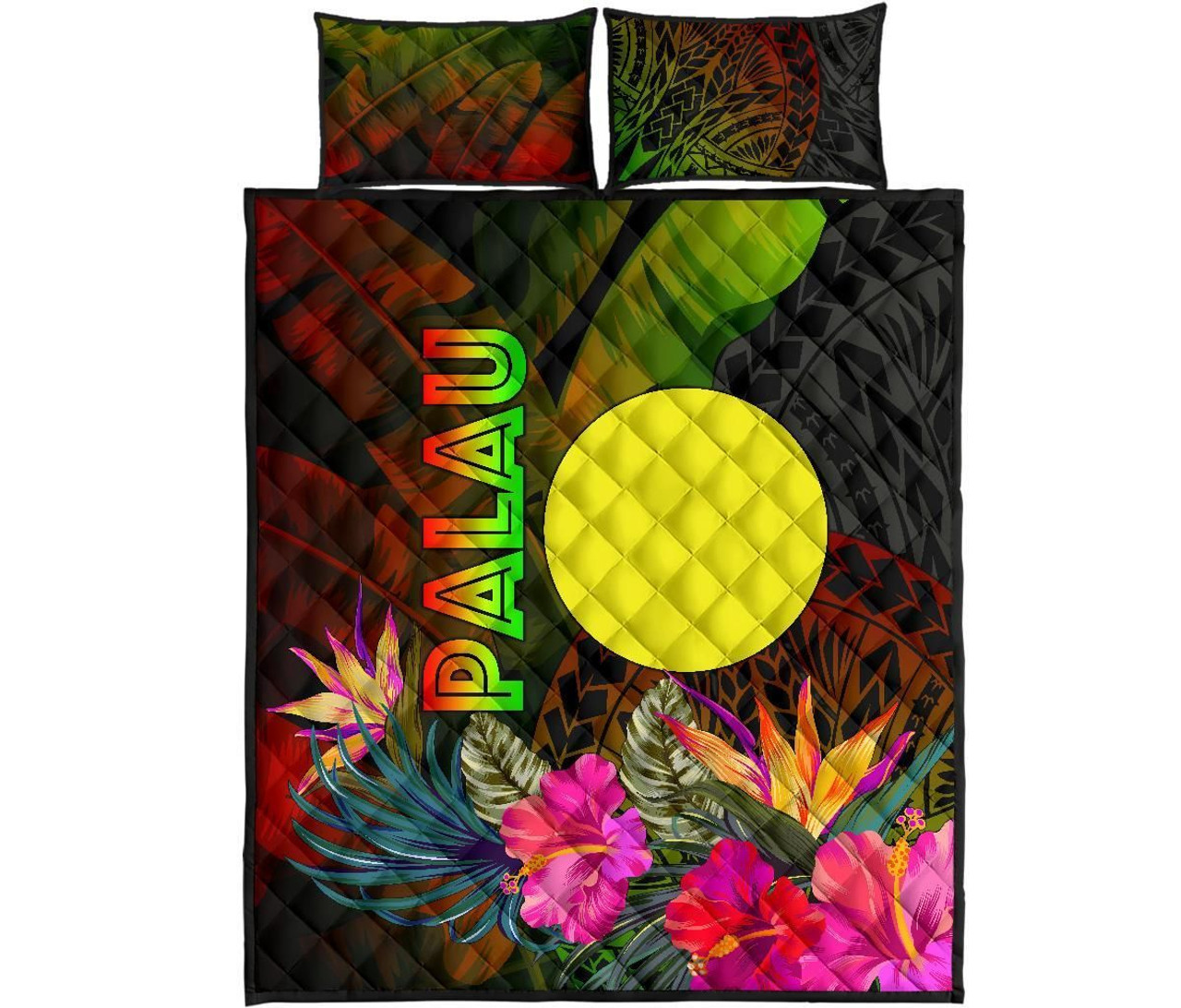 Palau Polynesian Quilt Bed Set - Hibiscus and Banana Leaves 3