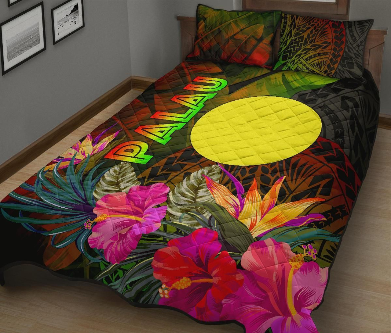 Palau Polynesian Quilt Bed Set - Hibiscus and Banana Leaves 4