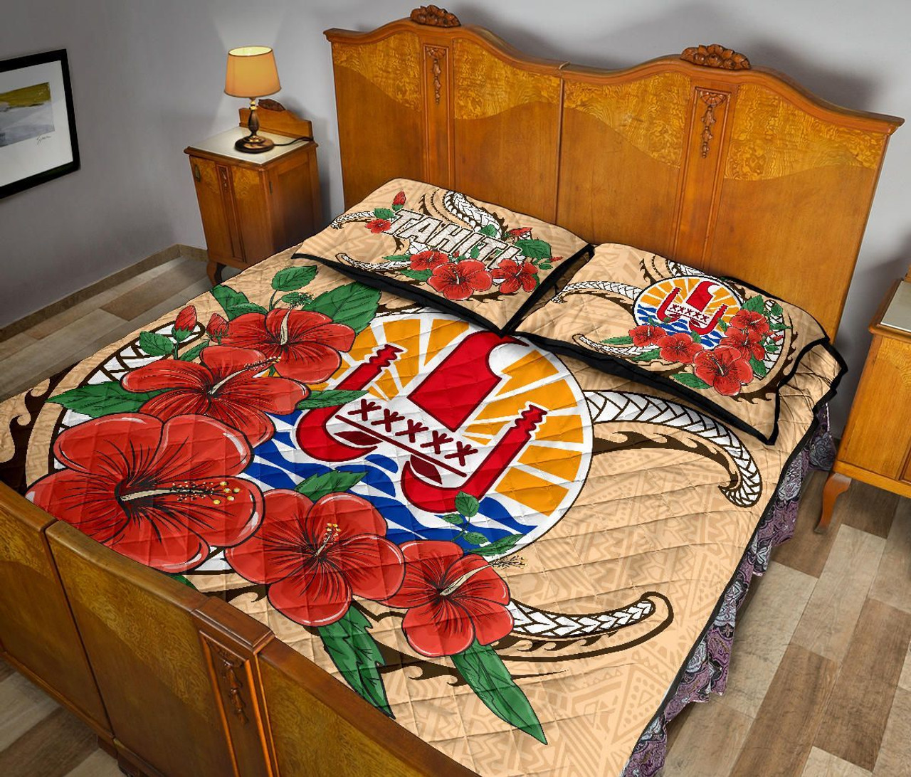 Tahiti Polynesian Quilt Bed Set - Hibiscus Coat of Arm Beige 5