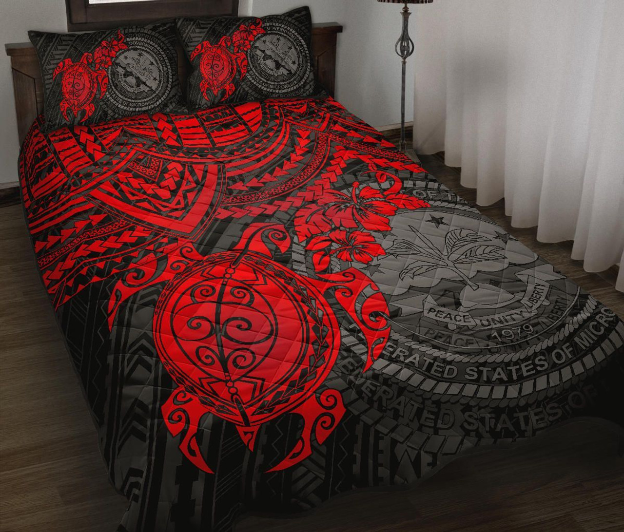 Federated States Of Micronesia Quilt Bed Set - Federated States Of Micronesia Seal & Red Turtle Hibiscus 1