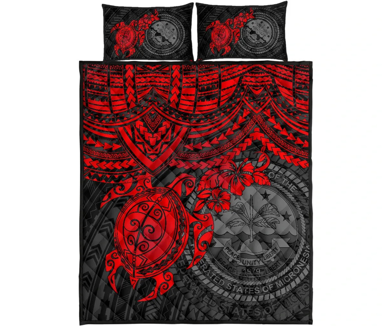 Federated States Of Micronesia Quilt Bed Set - Federated States Of Micronesia Seal & Red Turtle Hibiscus 5