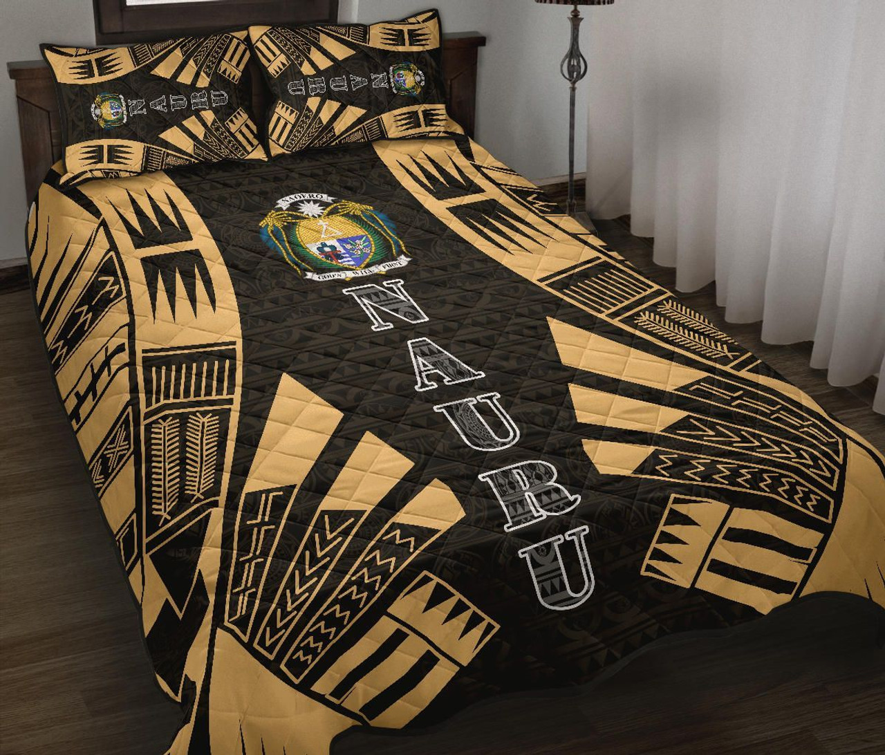 Nauru Quilt Bed Set - Nauru Coat Of Arms & Polynesian Yellow Tattoo Style 2