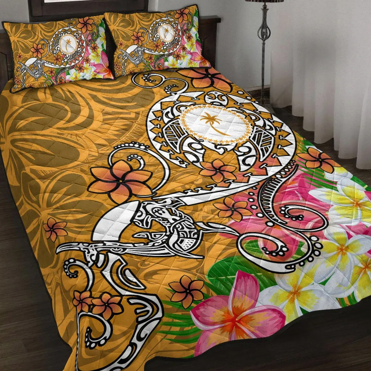 Kosrae Quilt Bed Set - Turtle Plumeria (Gold) 4