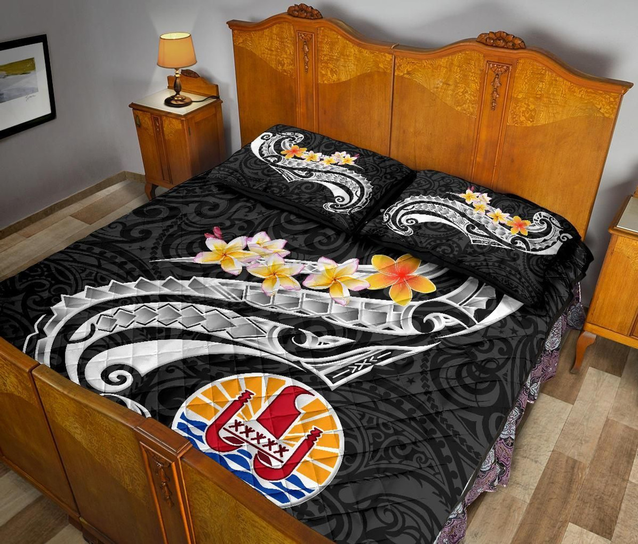 Tahiti Custom Personalised Quilt Bed Set - Tahiti Seal Polynesian Patterns Plumeria (Black) 4