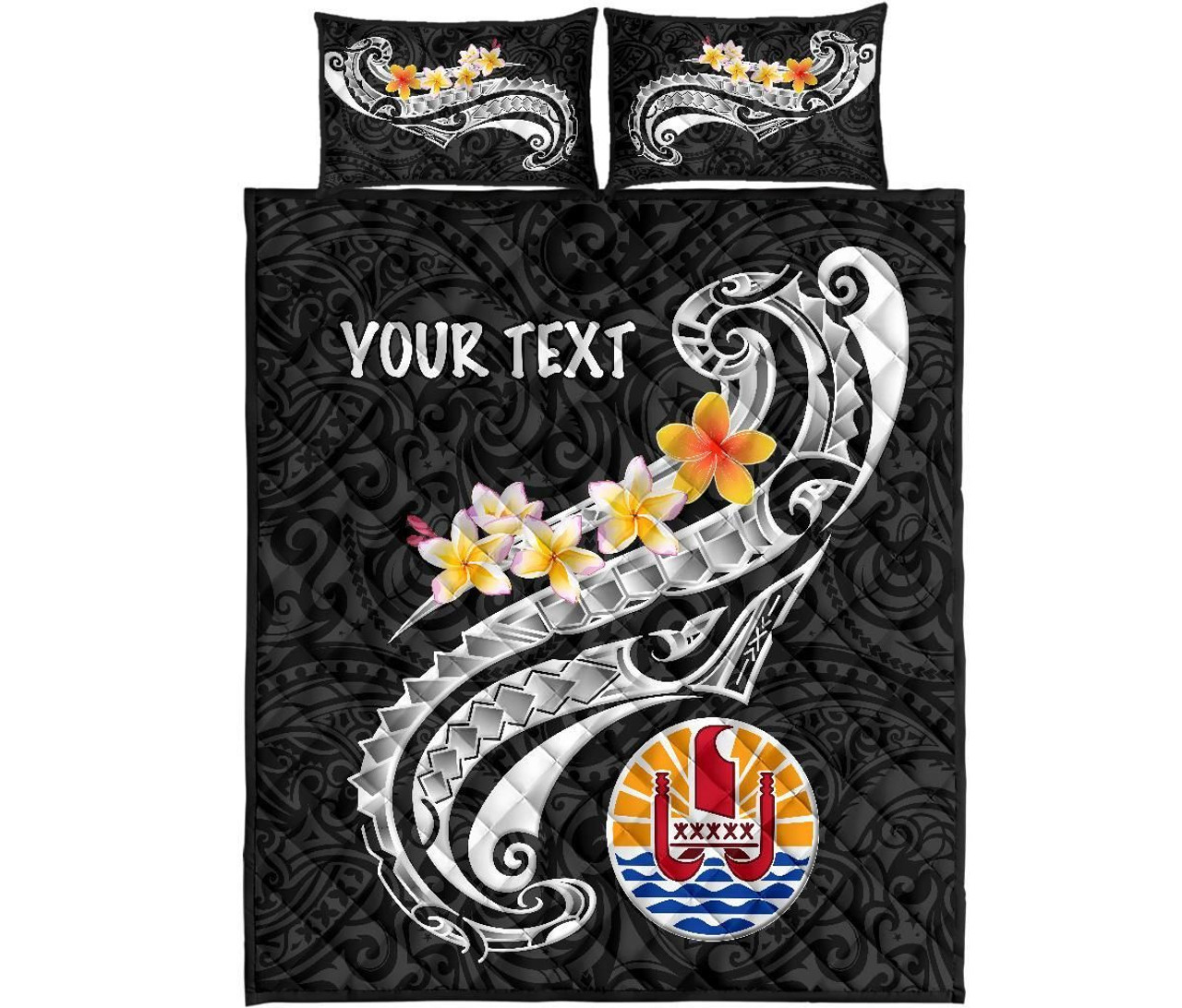 Tahiti Custom Personalised Quilt Bed Set - Tahiti Seal Polynesian Patterns Plumeria (Black) 5