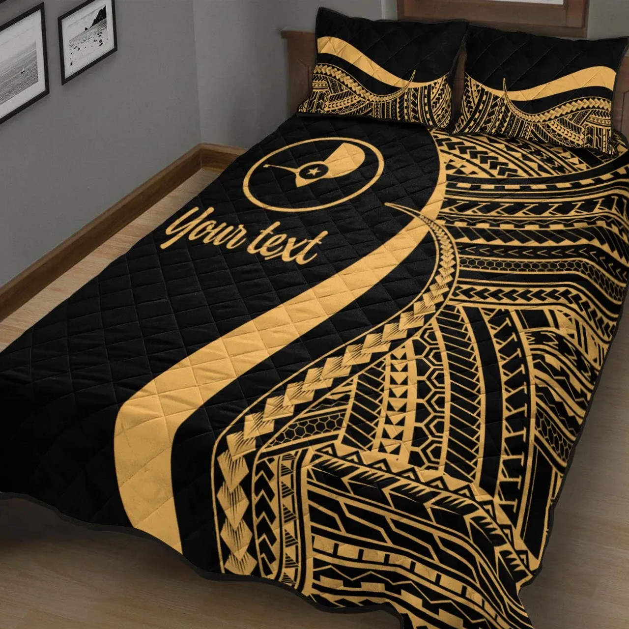 Yap Custom Personalised Quilt Bet Set - Gold Polynesian Tentacle Tribal Pattern 2