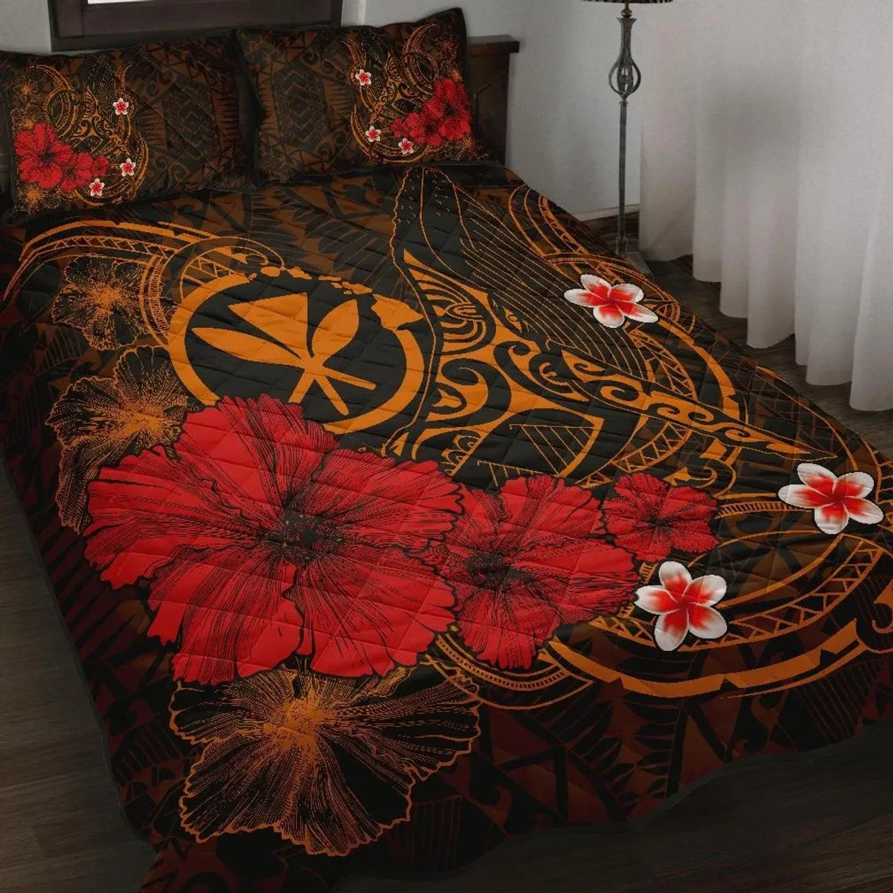 Polynesian Hawaii Kanaka Maoli Quilt Bed Set - Humpback Whale with Hibiscus (Golden) 1