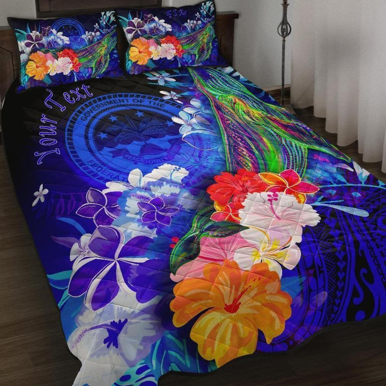 Federated States of Micronesia Custom Personalised Quilt Bed Set - Humpback Whale with Tropical Flowers (Blue) 1