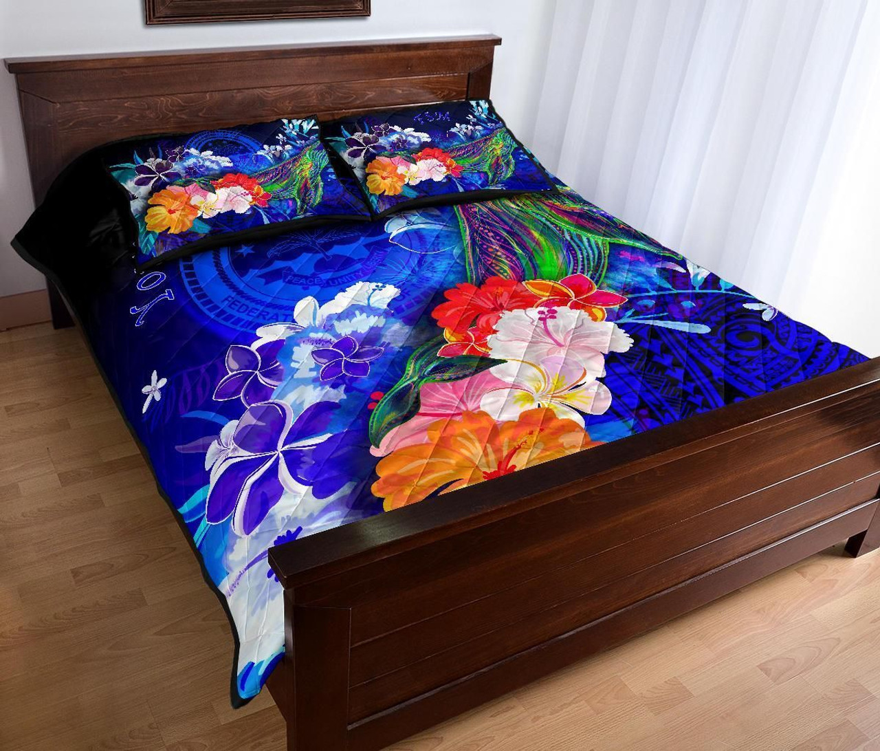 Federated States of Micronesia Custom Personalised Quilt Bed Set - Humpback Whale with Tropical Flowers (Blue) 3