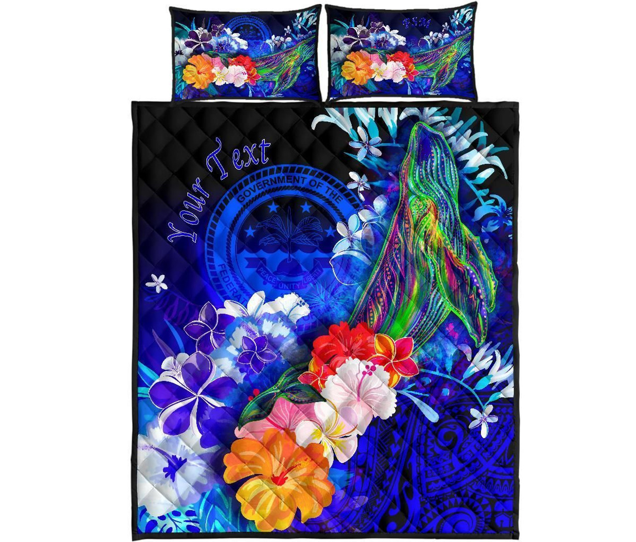 Federated States of Micronesia Custom Personalised Quilt Bed Set - Humpback Whale with Tropical Flowers (Blue) 5