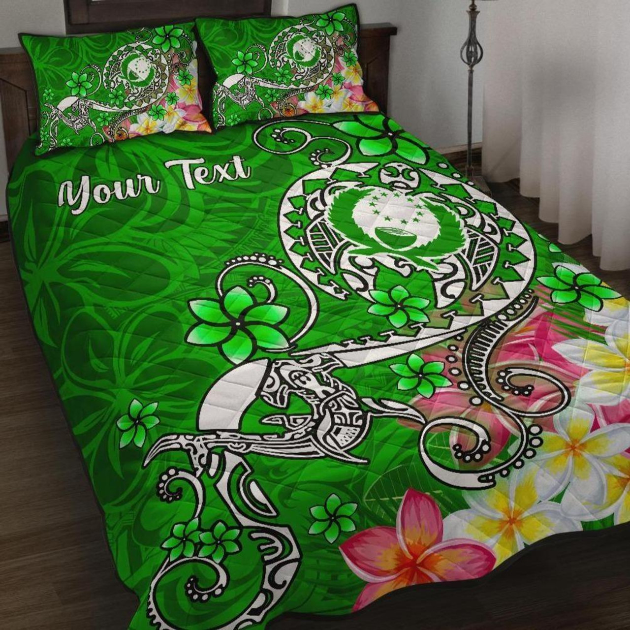 Pohnpei Custom Personalised Quilt Bed Set - Turtle Plumeria (Green) 1