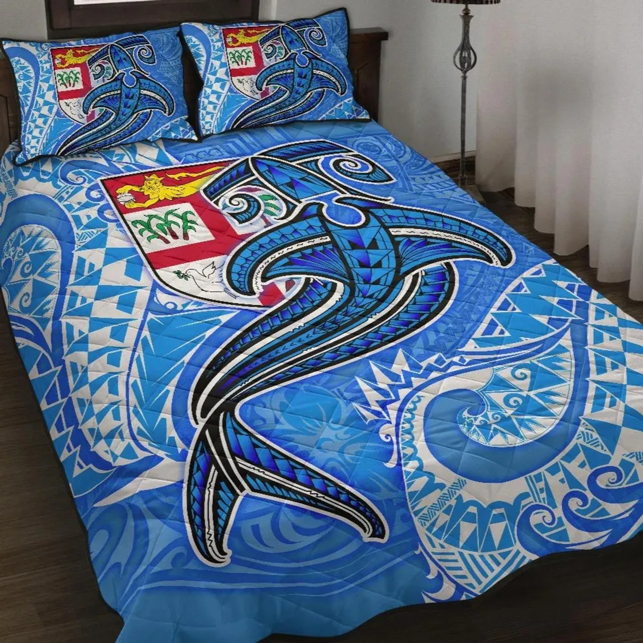 Fiji Quilt Bed Set - Blue Shark Polynesian Tattoo 1