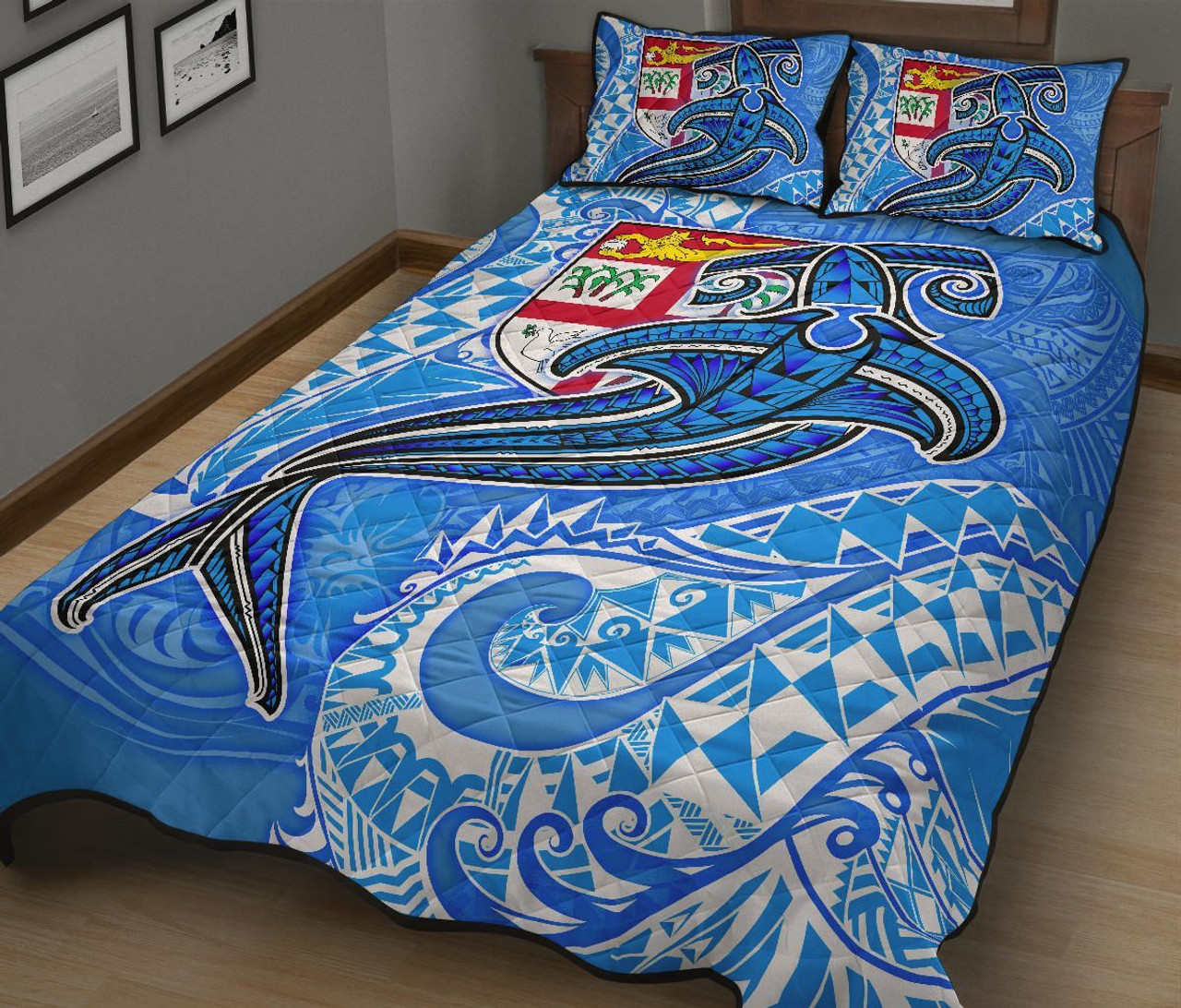 Fiji Quilt Bed Set - Blue Shark Polynesian Tattoo 2