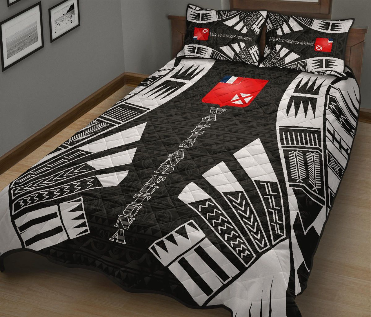 Wallis and Futuna Quilt Bed Set - Wallis and Futuna Coat Of Arms & Polynesian White Tattoo Style 3