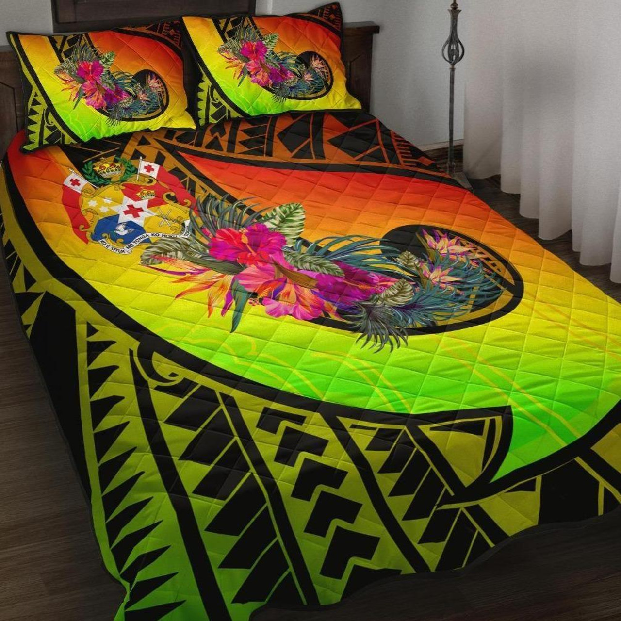 Tonga Quilt Bed Set - Polynesian Hook And Hibiscus ( Reggae) 1