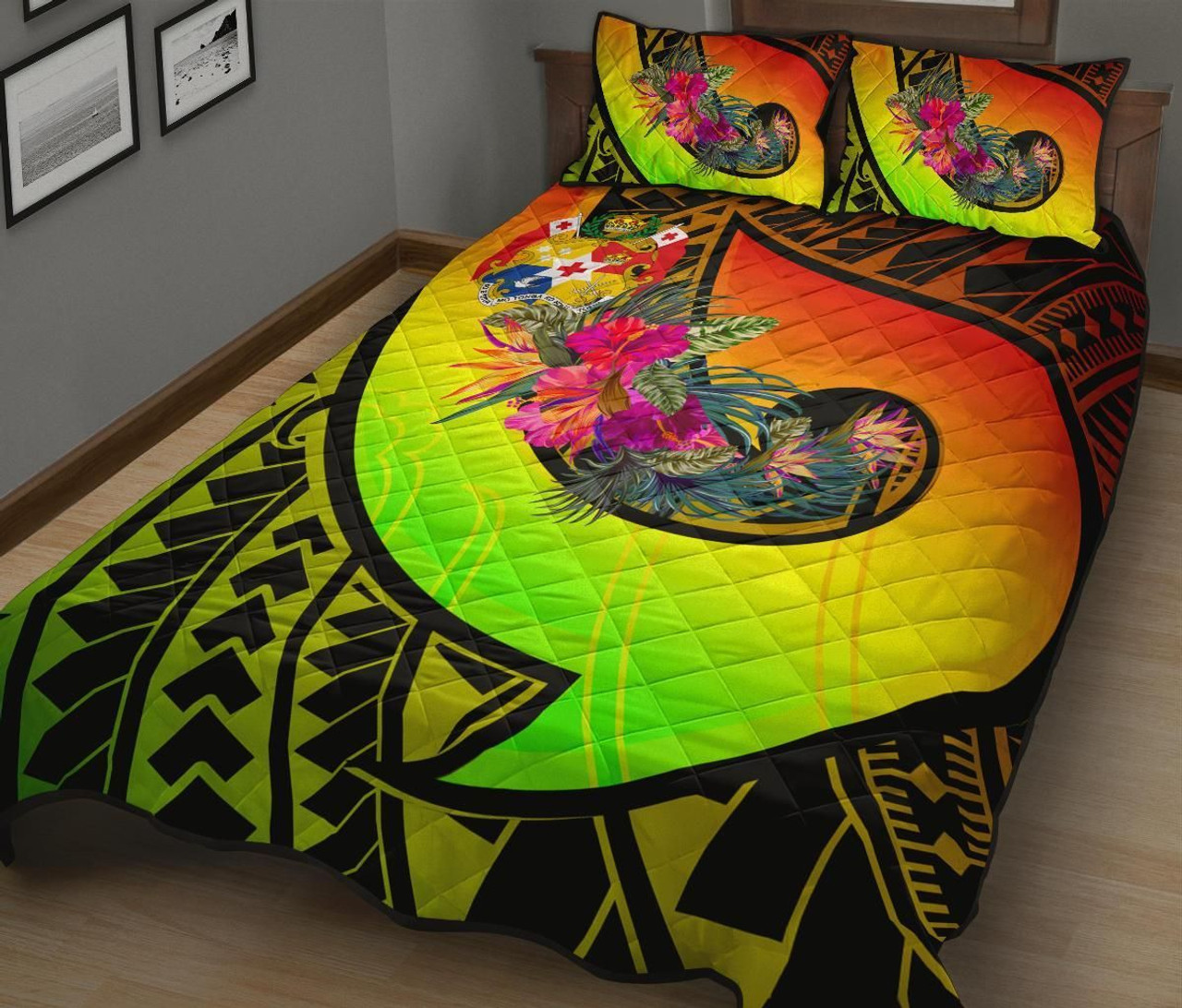 Tonga Quilt Bed Set - Polynesian Hook And Hibiscus ( Reggae) 2