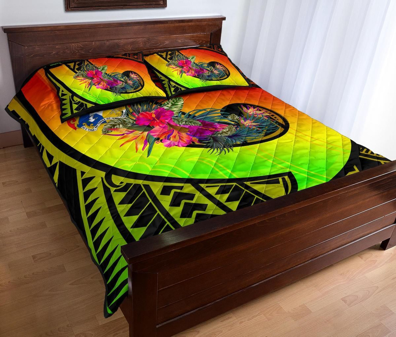 Tonga Quilt Bed Set - Polynesian Hook And Hibiscus ( Reggae) 3