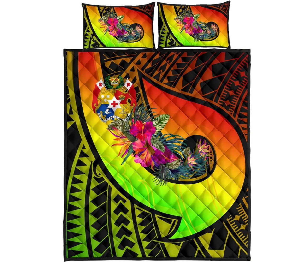 Tonga Quilt Bed Set - Polynesian Hook And Hibiscus ( Reggae) 5