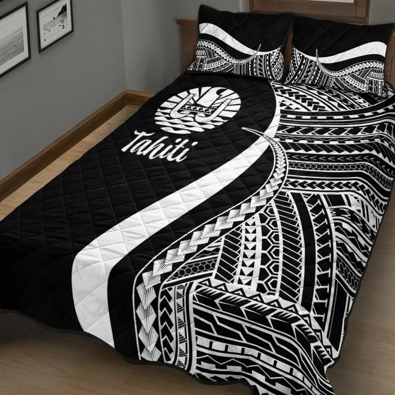 Tahiti Quilt Bet Set - White Polynesian Tentacle Tribal Pattern 2