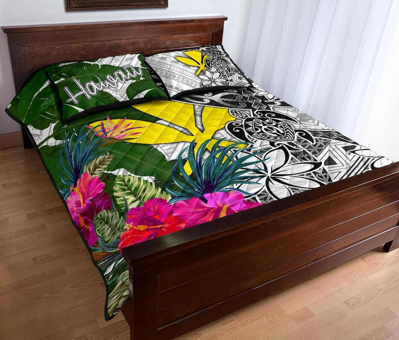 Hawaii Quilt Bed Set White - Turtle Plumeria Banana Leaf 3