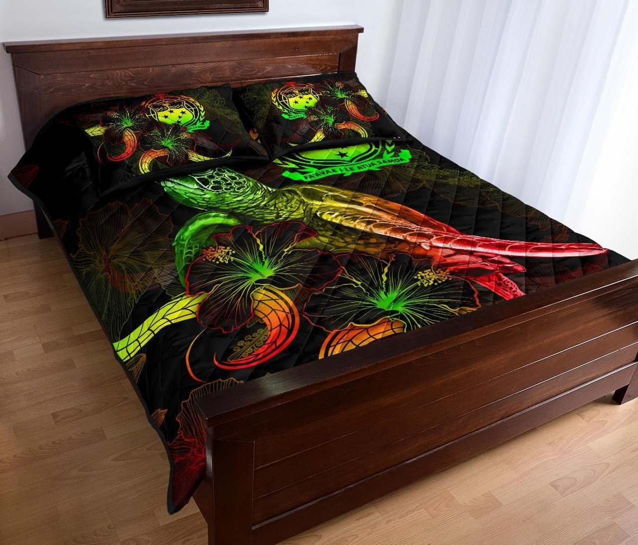Samoa Polynesian Quilt Bed Set - Turtle With Blooming Hibiscus Reggae 3