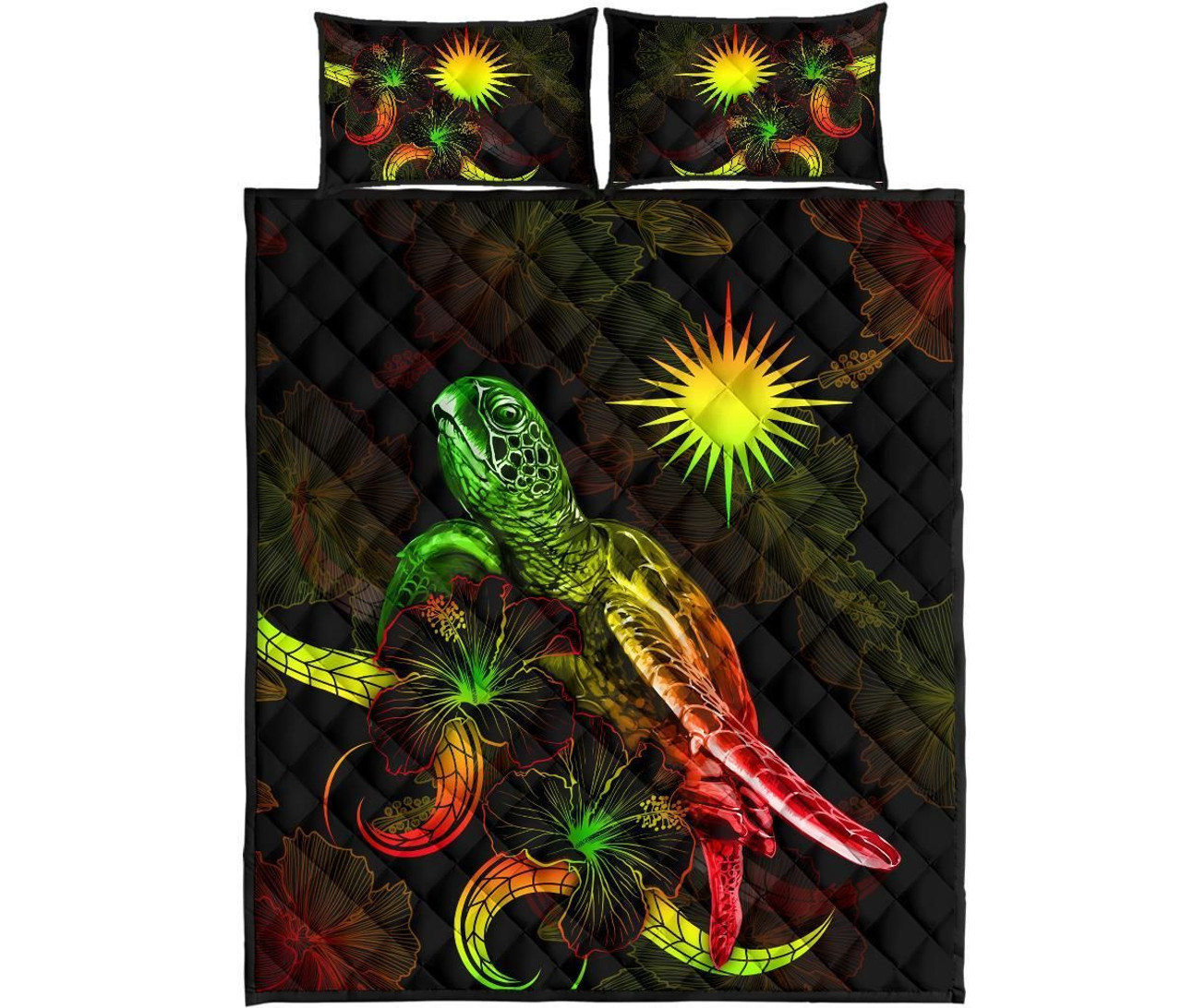 Marshall Islands Polynesian Quilt Bed Set - Turtle With Blooming Hibiscus Reggae 5