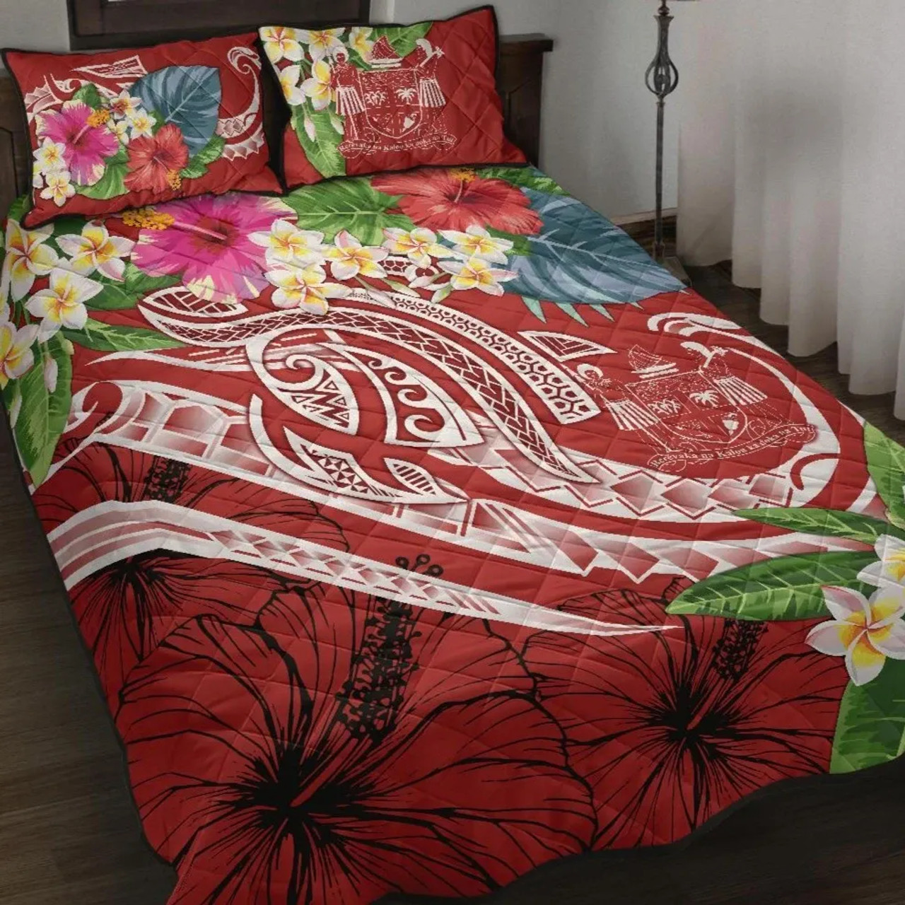 Fiji Polynesian Quilt Bed Set - Summer Plumeria (Red) 1