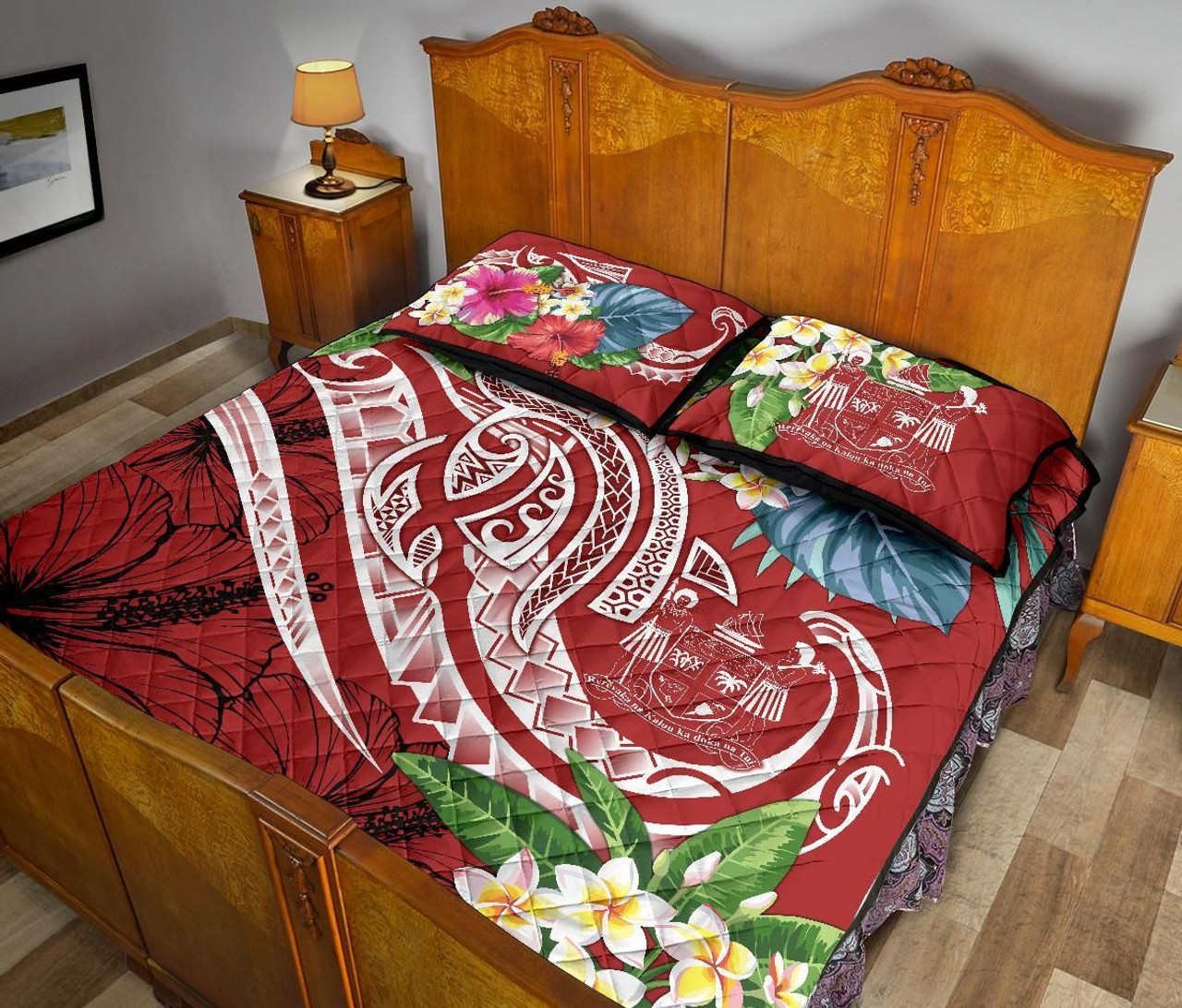 Fiji Polynesian Quilt Bed Set - Summer Plumeria (Red) 4