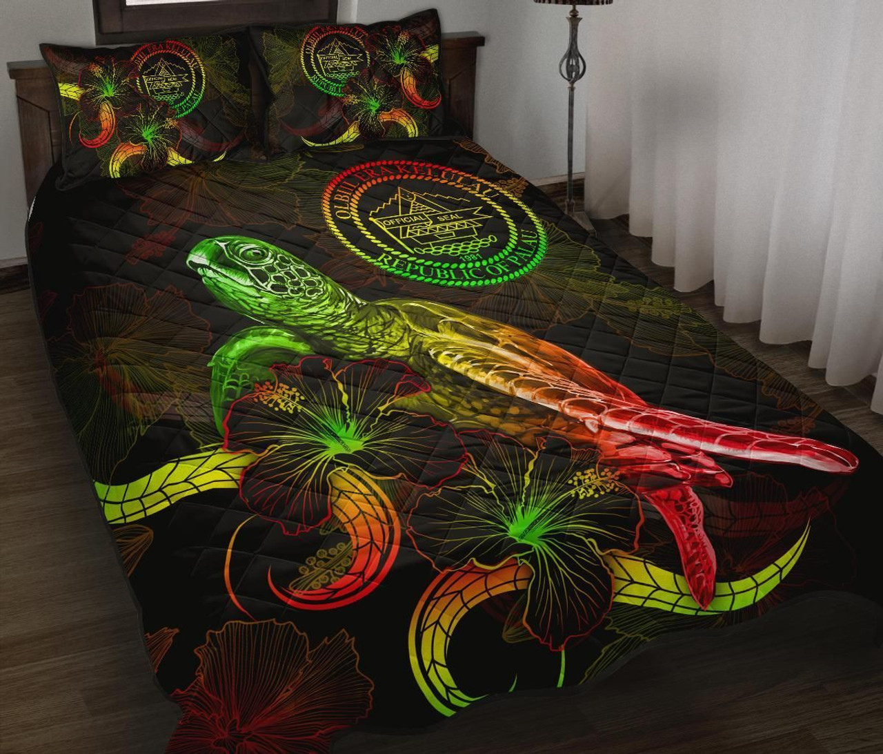 Palau Polynesian Quilt Bed Set - Turtle With Blooming Hibiscus Reggae 1