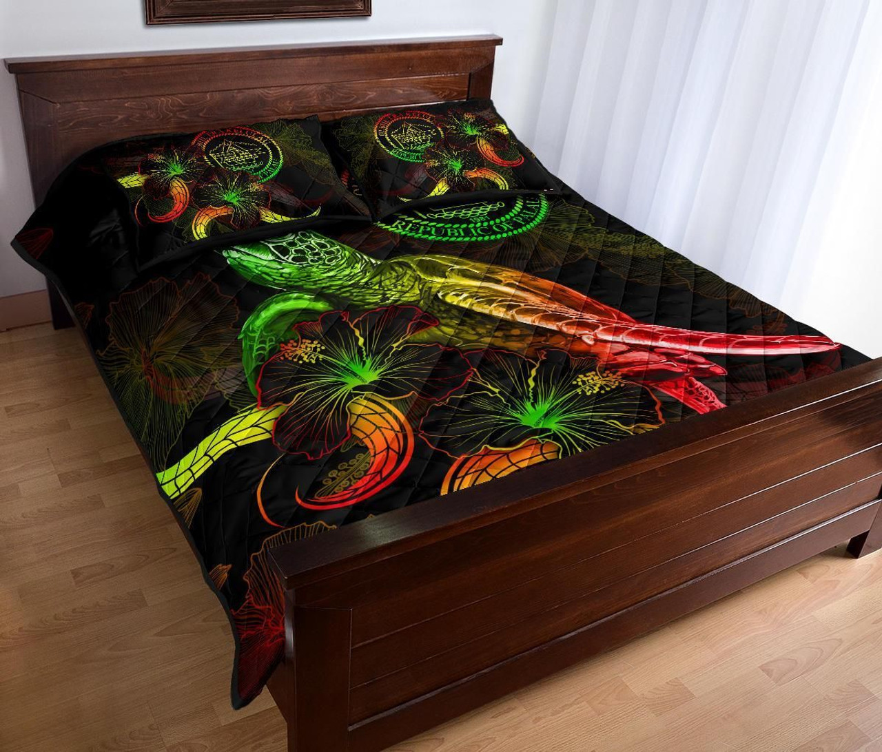Palau Polynesian Quilt Bed Set - Turtle With Blooming Hibiscus Reggae 3