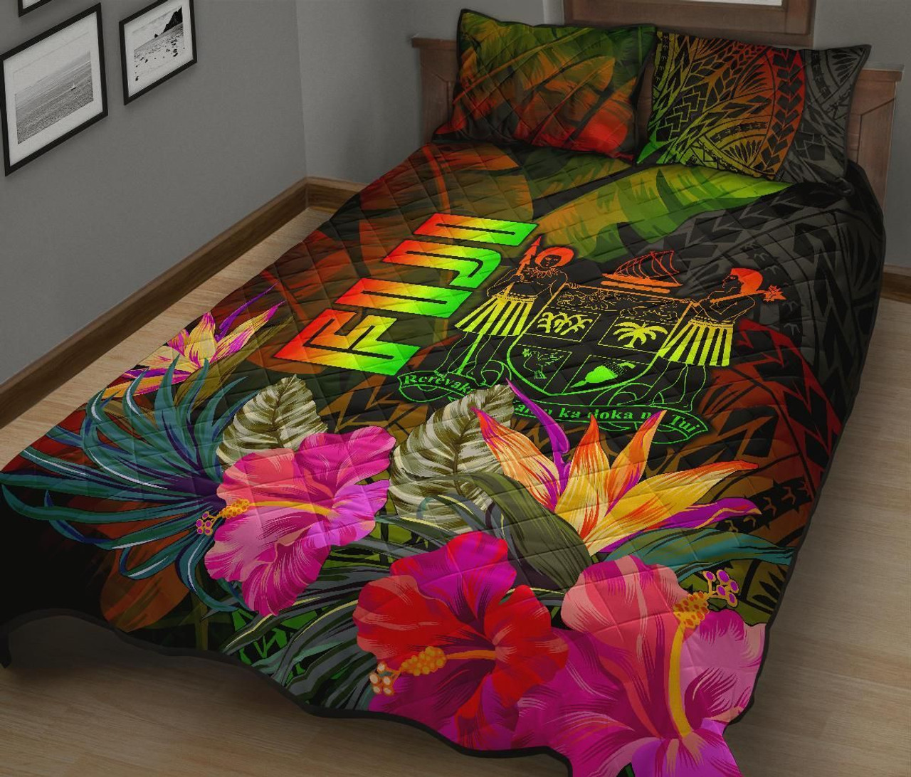 Fiji Polynesian Quilt Bed Set - Hibiscus and Banana Leaves 2