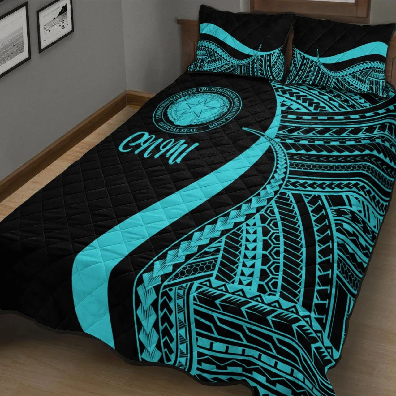 Northern Mariana Islands Quilt Bet Set - Turquoise Polynesian Tentacle Tribal Pattern 2