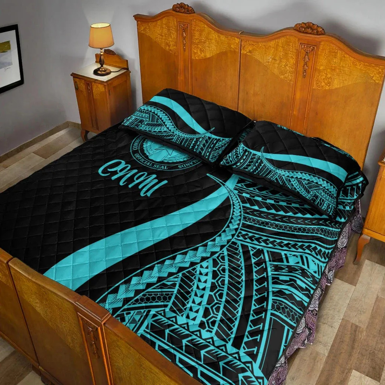 Northern Mariana Islands Quilt Bet Set - Turquoise Polynesian Tentacle Tribal Pattern 4