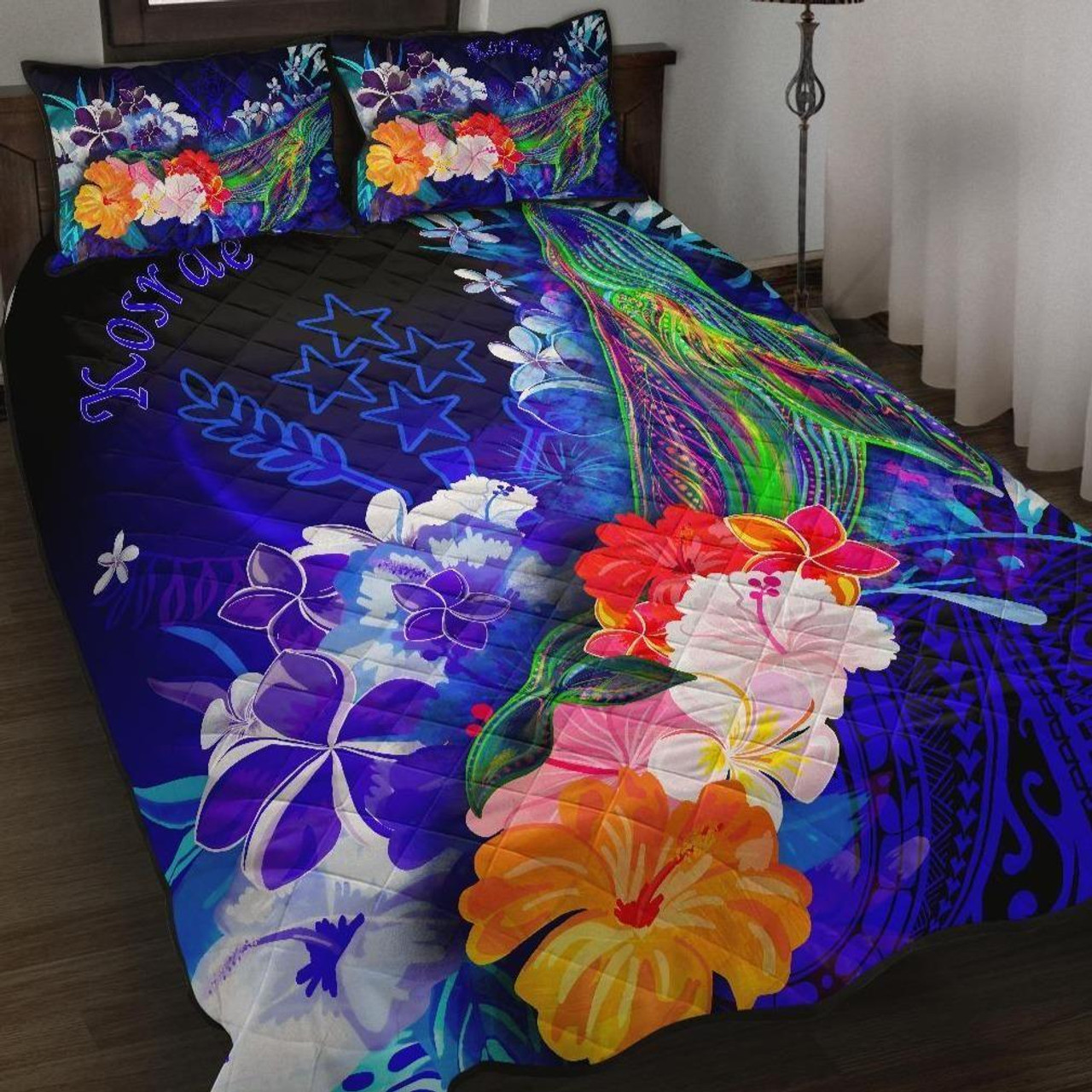 Kosrae Quilt Bed Set - Humpback Whale with Tropical Flowers (Blue) 1