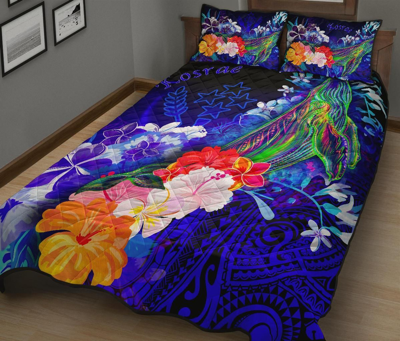 Kosrae Quilt Bed Set - Humpback Whale with Tropical Flowers (Blue) 2