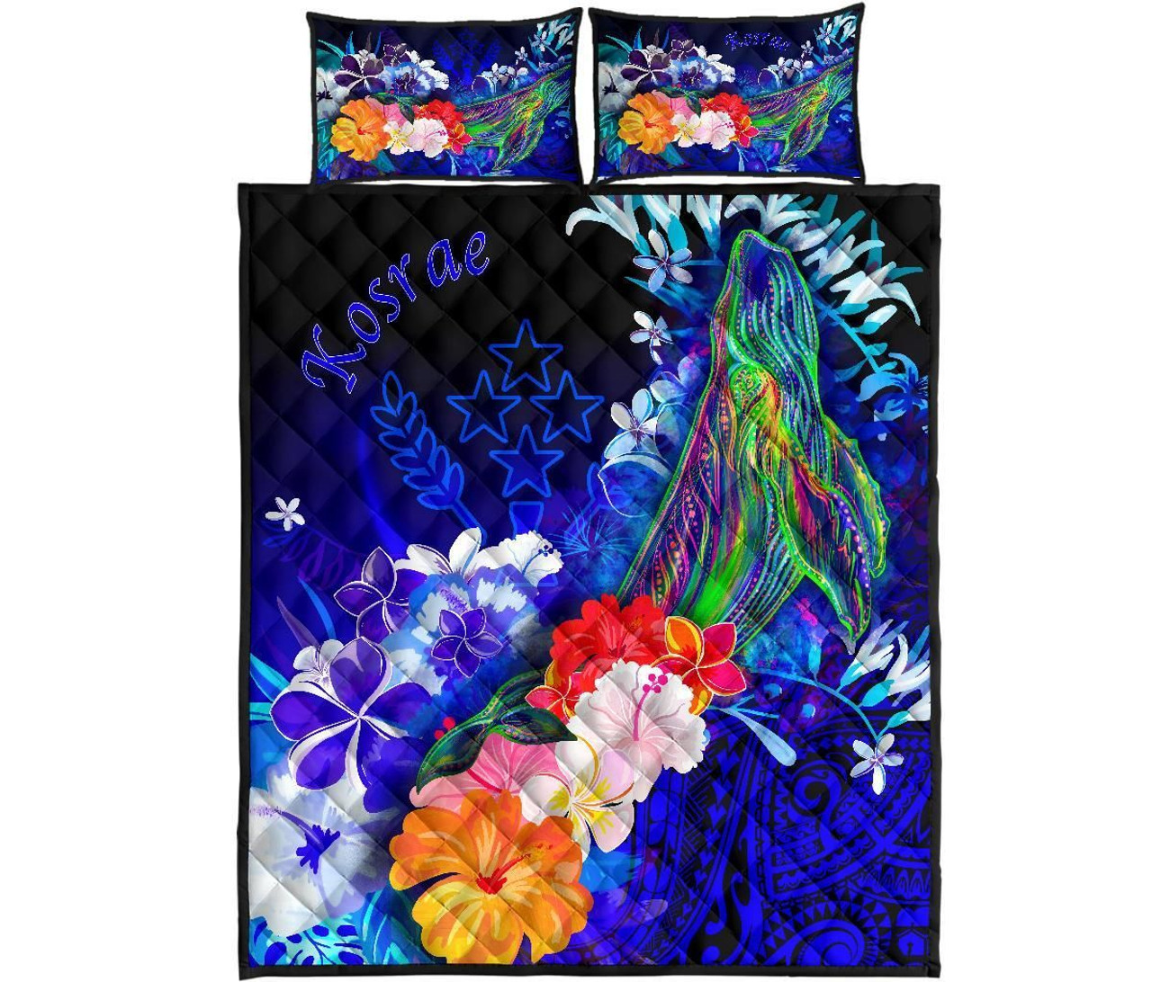 Kosrae Quilt Bed Set - Humpback Whale with Tropical Flowers (Blue) 5