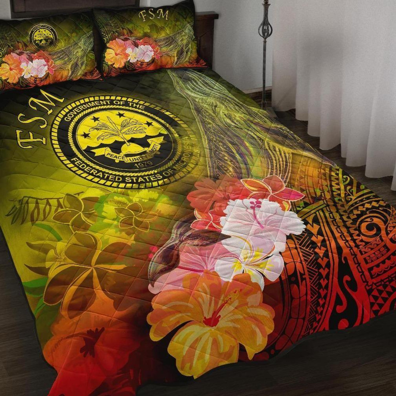 Federated States of Micronesia Quilt Bed Set - Humpback Whale with Tropical Flowers (Yellow) 1