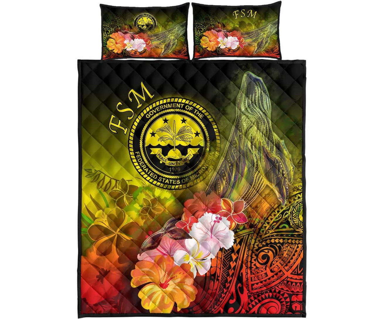 Federated States of Micronesia Quilt Bed Set - Humpback Whale with Tropical Flowers (Yellow) 5