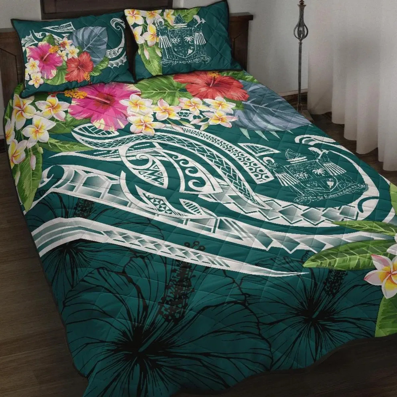 Fiji Polynesian Quilt Bed Set - Summer Plumeria (Turquoise) 1