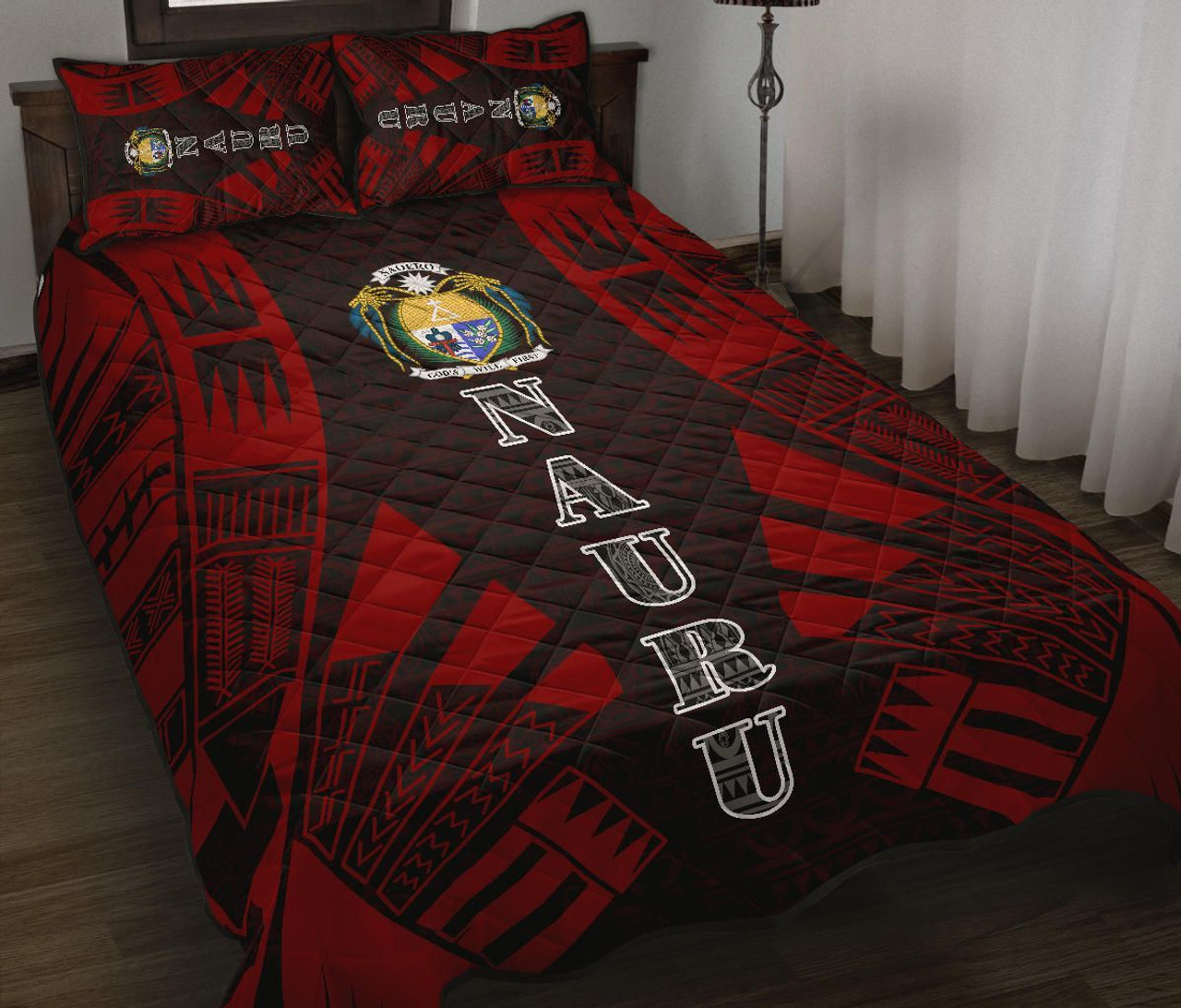 Nauru Quilt Bed Set - Nauru Coat Of Arms & Polynesian Red Tattoo Style 2