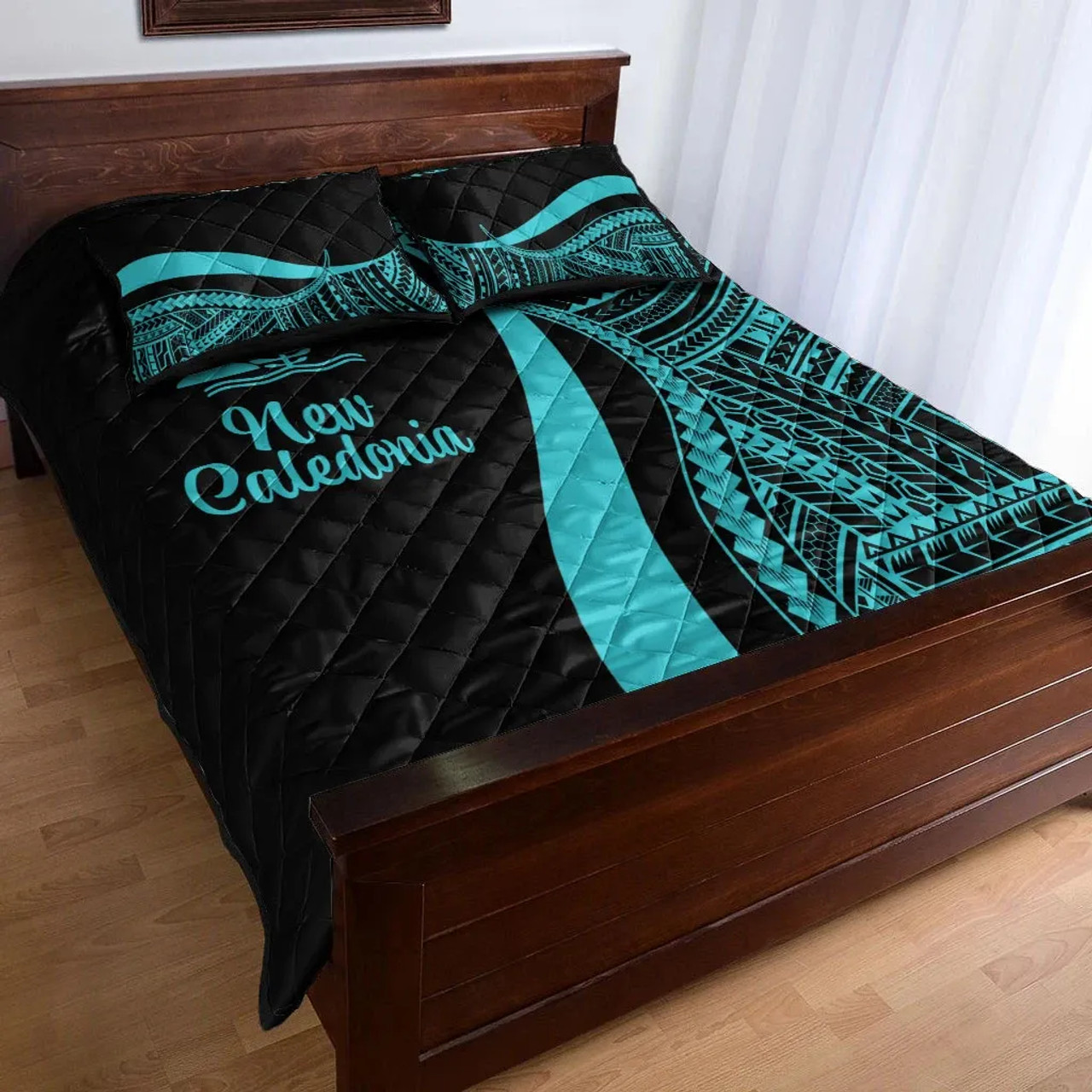 New Caledonia Quilt Bet Set - Turquoise Polynesian Tentacle Tribal Pattern 3