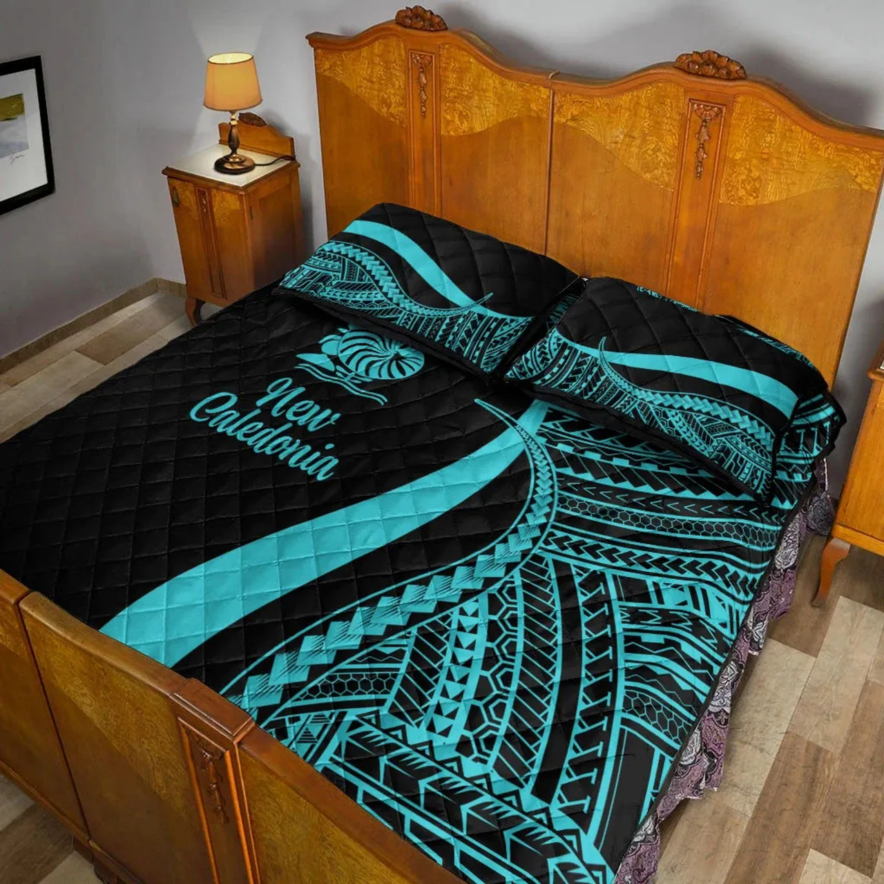 New Caledonia Quilt Bet Set - Turquoise Polynesian Tentacle Tribal Pattern 4