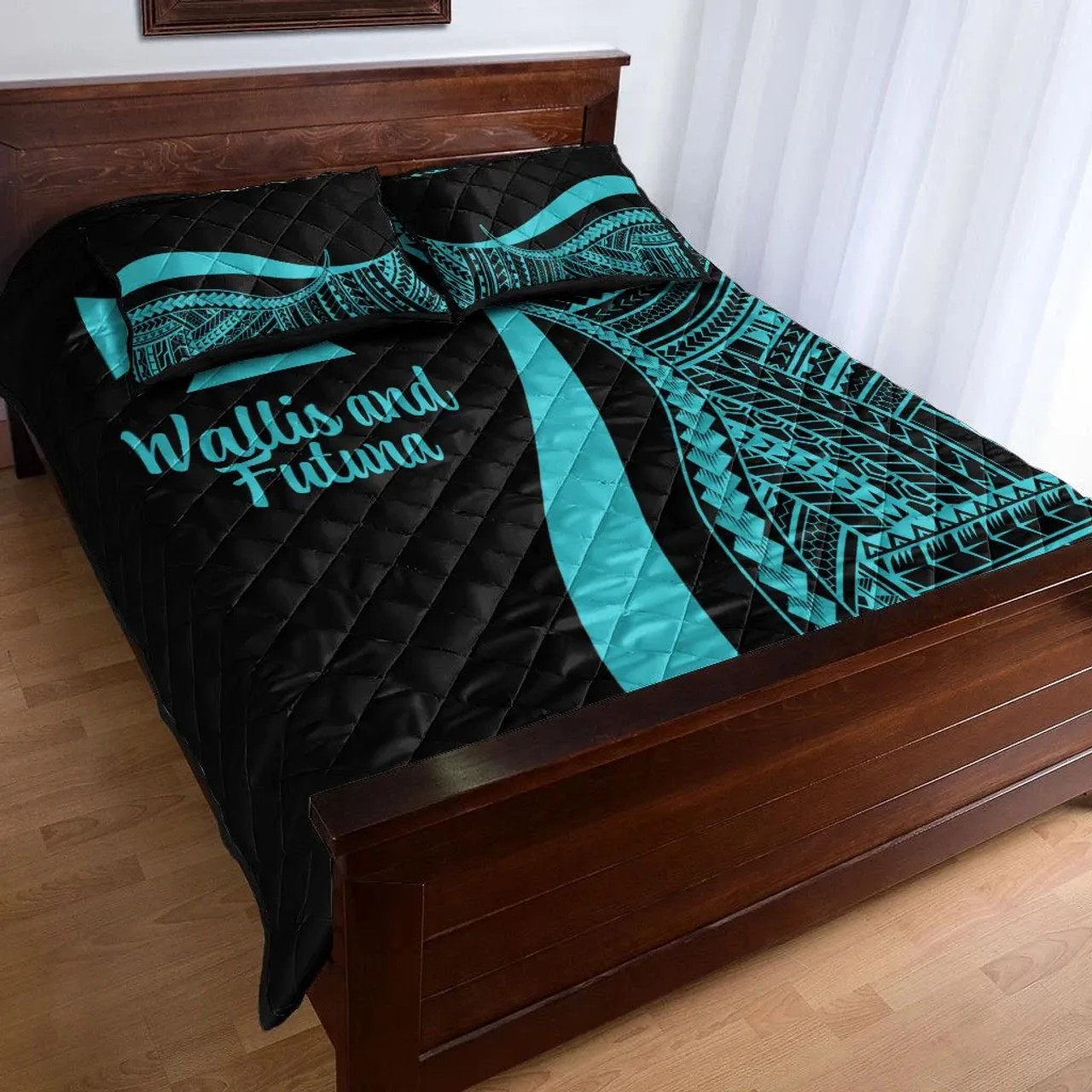 Wallis and Futuna Quilt Bet Set - Turquoise Polynesian Tentacle Tribal Pattern 3