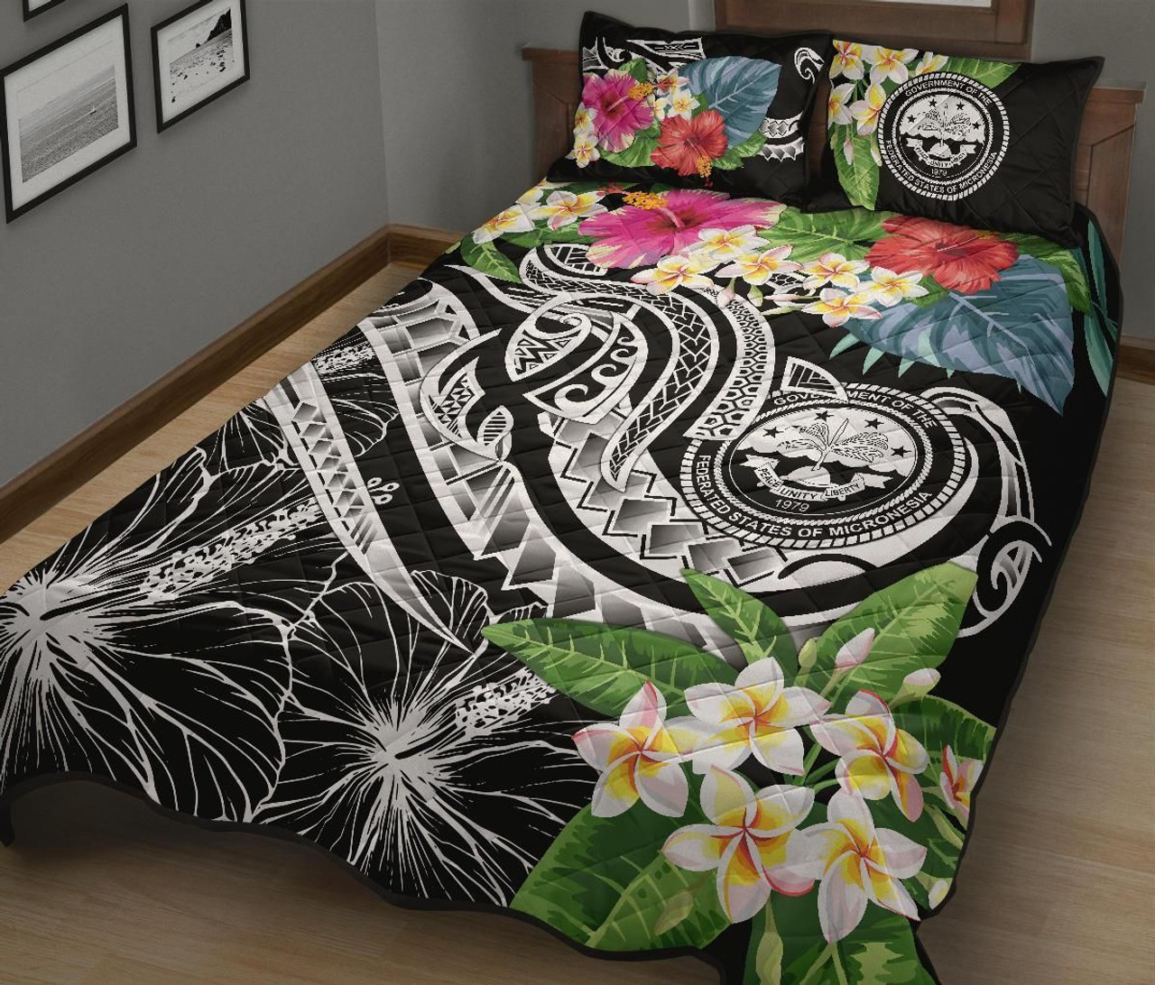 FSM Polynesian Quilt Bed Set - Summer Plumeria (Black) 2