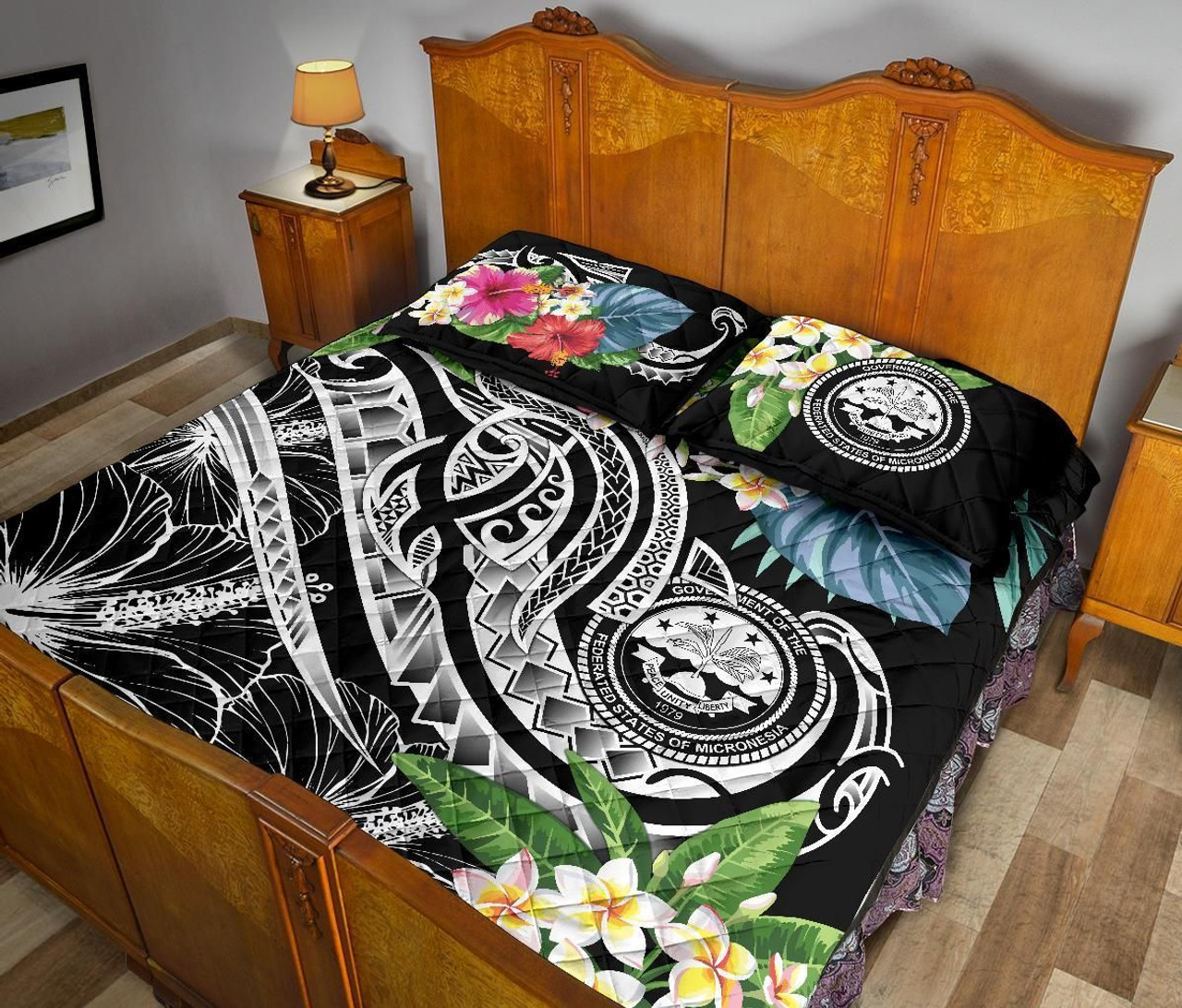 FSM Polynesian Quilt Bed Set - Summer Plumeria (Black) 4