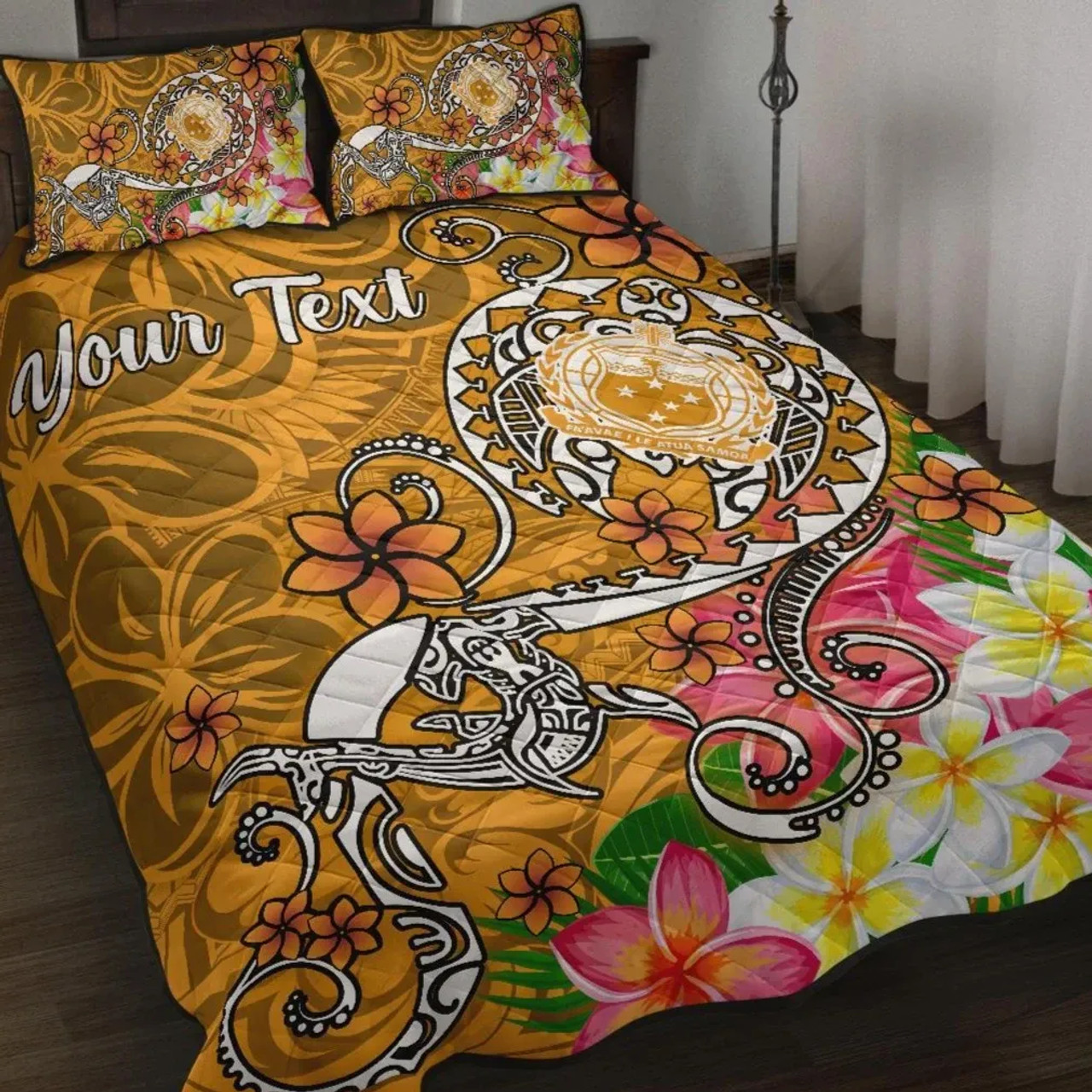 Samoa Custom Personalised Quilt Bed Set - Turtle Plumeria (Gold) 1