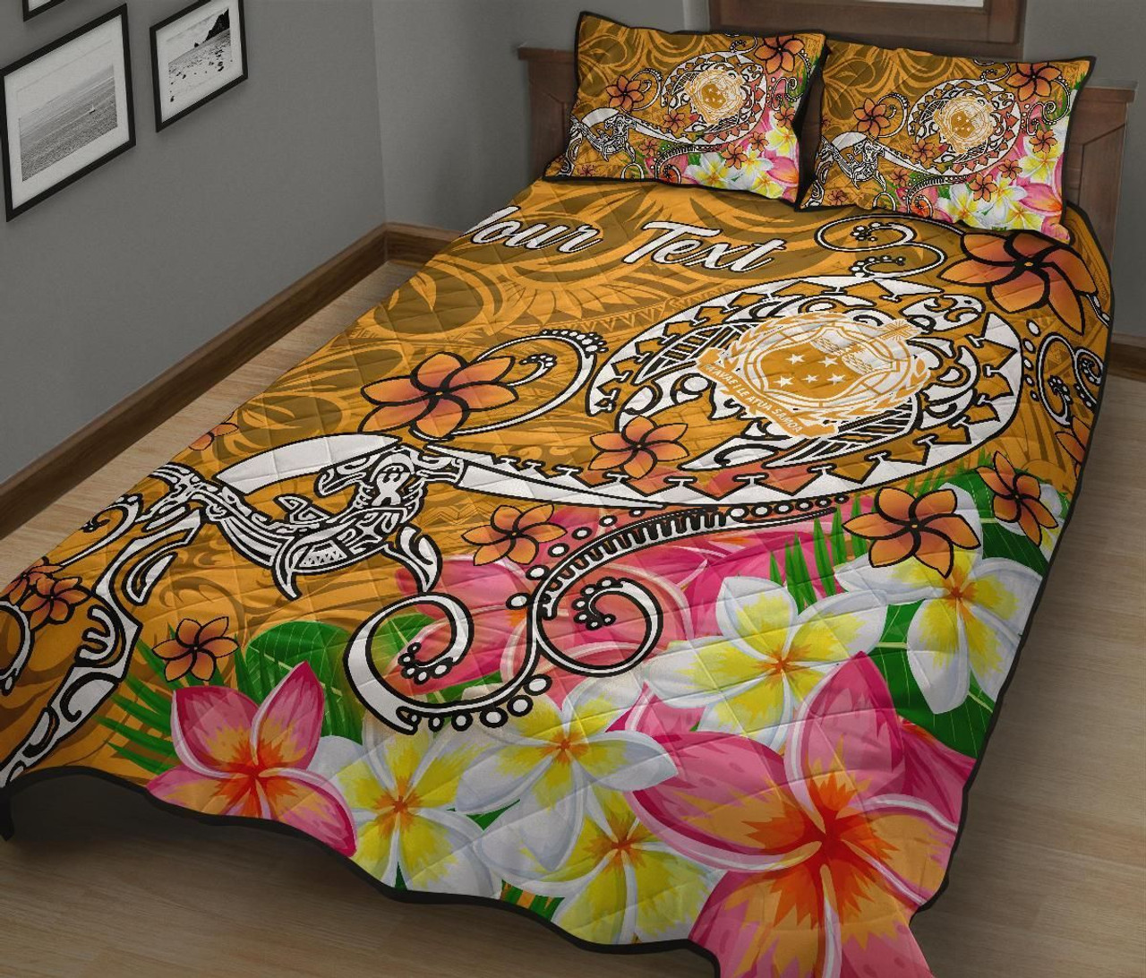 Samoa Custom Personalised Quilt Bed Set - Turtle Plumeria (Gold) 2