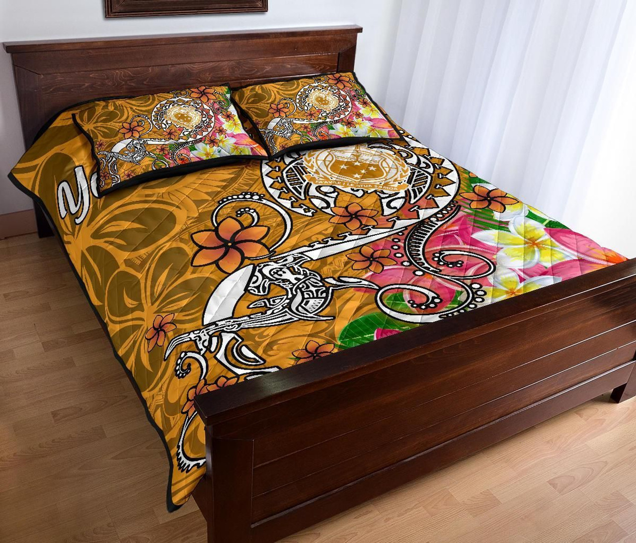 Samoa Custom Personalised Quilt Bed Set - Turtle Plumeria (Gold) 3