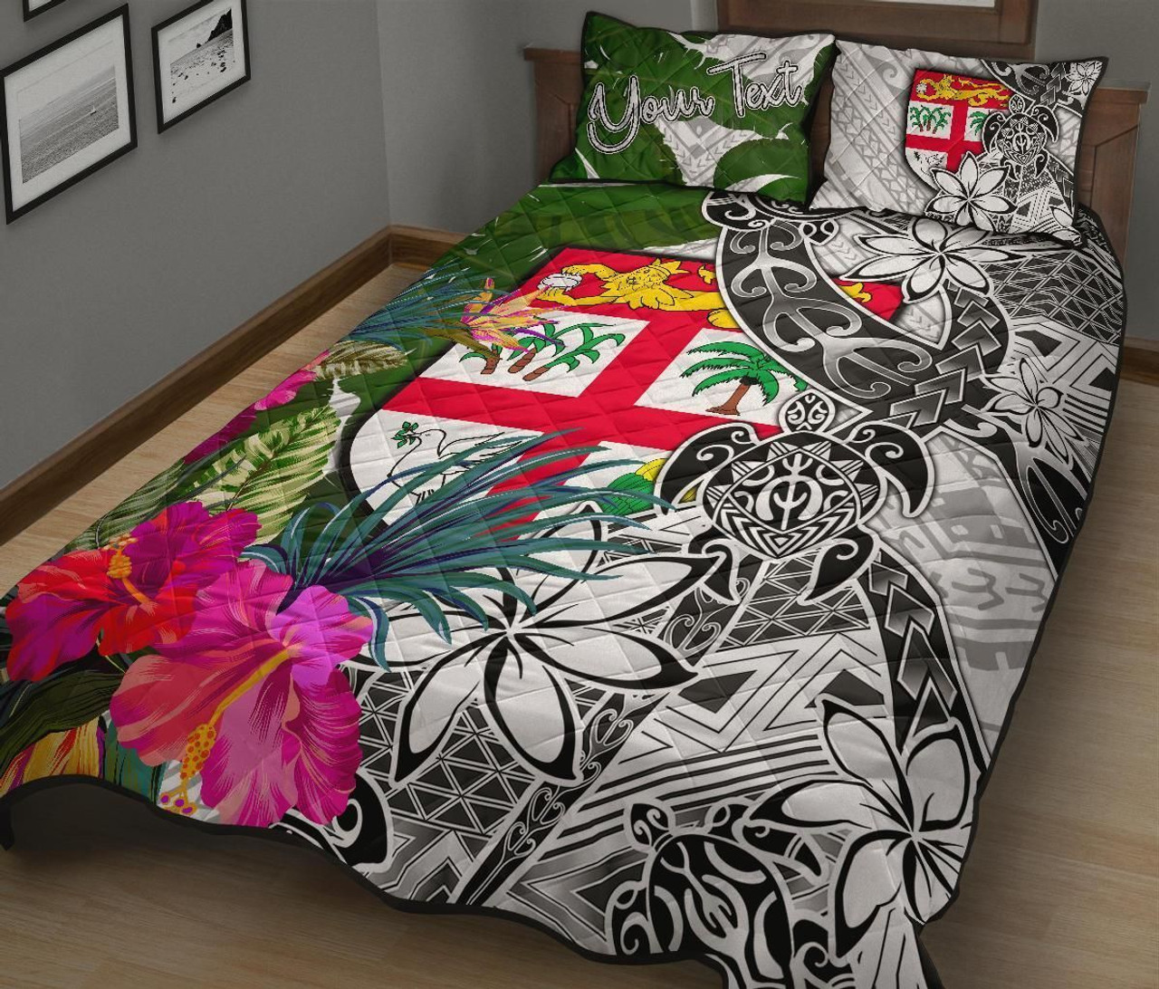 Fiji Custom Personalised Quilt Bet Set White - Turtle Plumeria Banana Leaf 2