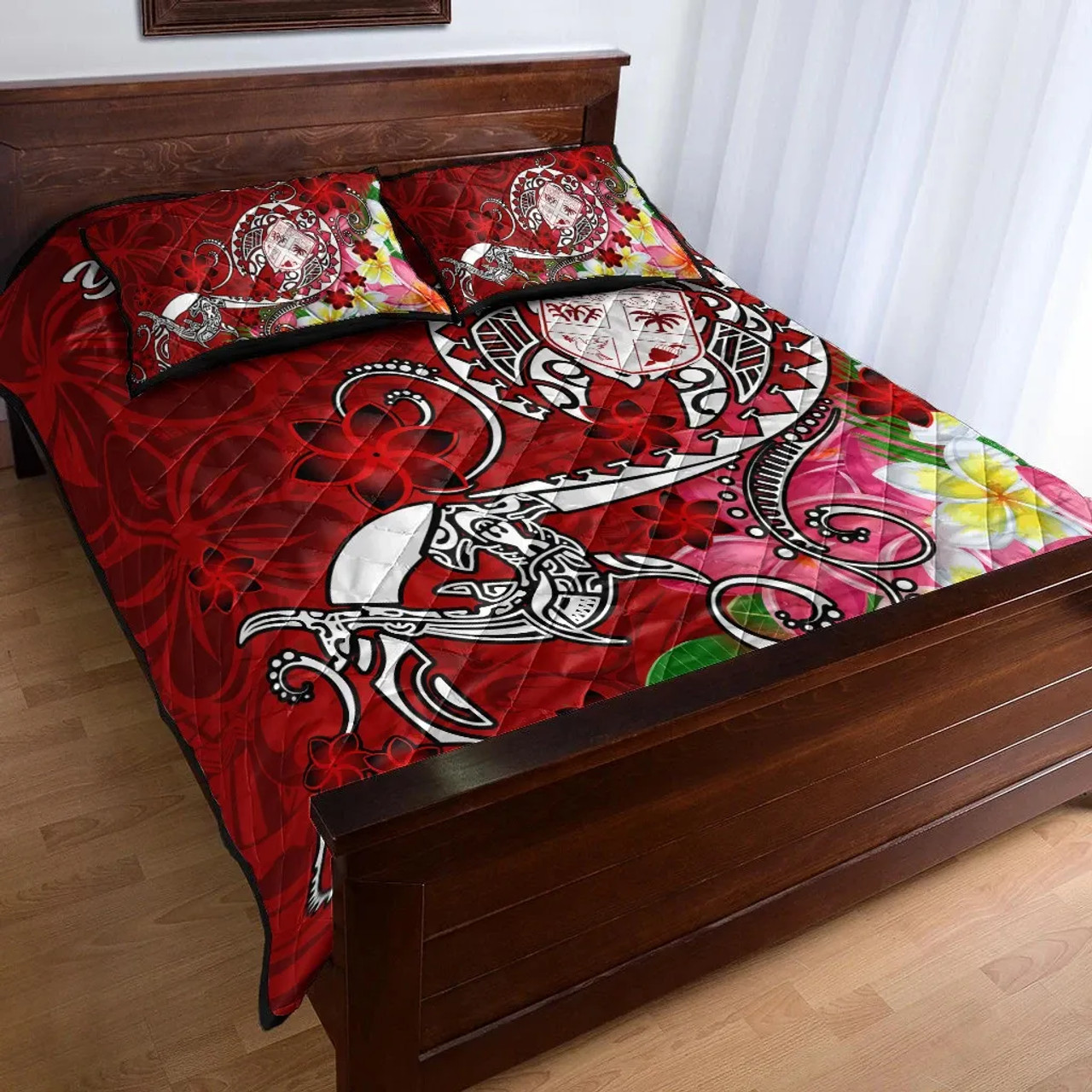 Fiji Custom Personalised Quilt Bed Set - Turtle Plumeria (Red) 1